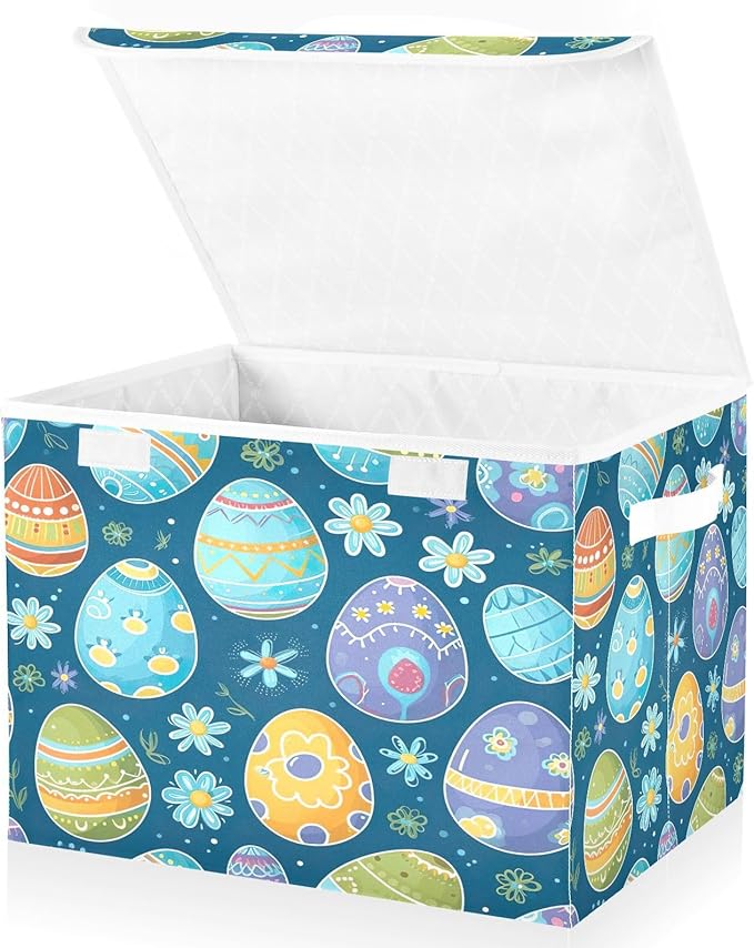 Christmas Storage Baskets with Lids Blue Eggs Collapsible Bins Stackable Fabric Linen Baskets Closet Organizer Container 16.5x12.6x11.8