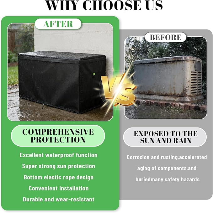Generator Cover Fits for Generac 7043 22 kw Home Standby Generator Covers 600D Oxford Waterproof Dust-proof and UV-Resistant Cover with Fluorescent Green Buckle