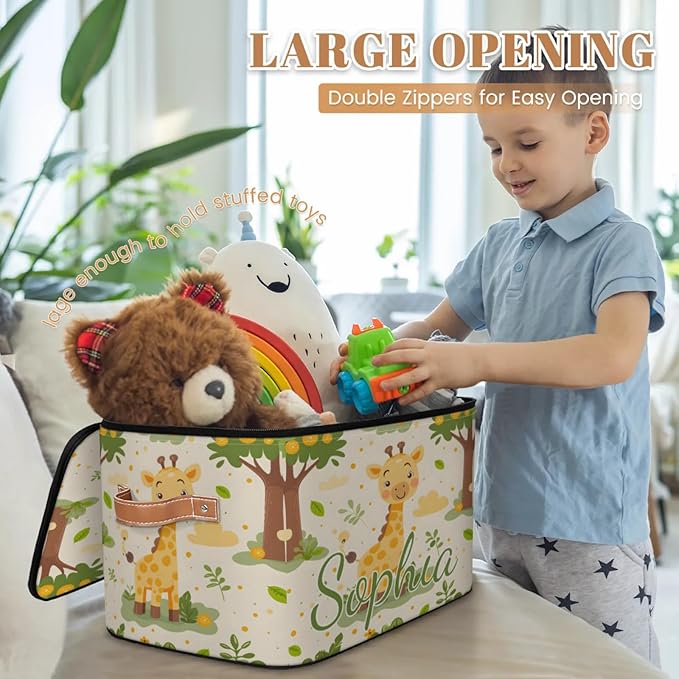 Custom Storage Basket with Name Personalized Storage Bins with Zipper Lid Foldable Fabric Storage Box Large capacity with Handle Giraffe Tree