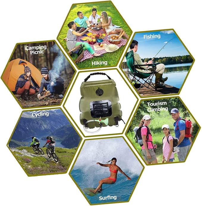Mikikit Solar Shower Bag for Camping and Hiking Shower Nozzle Portable Outdoor Water Storage Olive Green for Traveling Beach and Picnics
