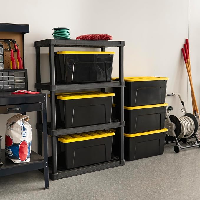 IRIS USA 72 Qt Stackable Plastic Storage Bins with Lids 6 Pack - BPA-Free Made in USA - Garage Organizing Solution Latches Durable Nestable Containers Secure Pull Handle - Black/Yellow
