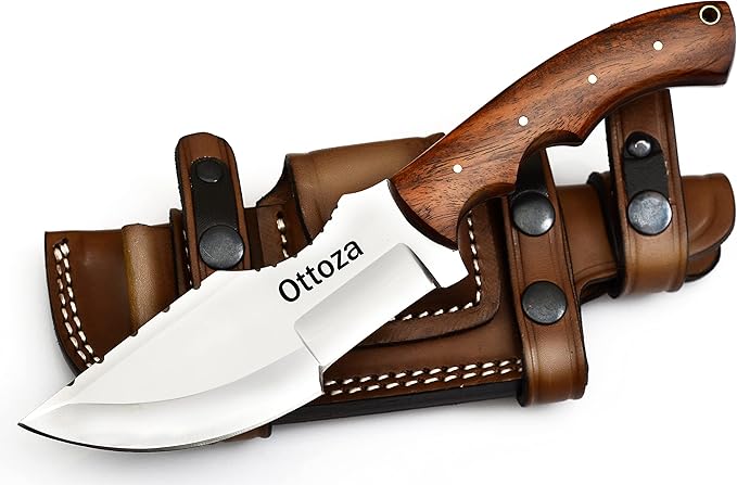 Ottoza D2 Steel Camping Tracker Knife with Wood Handle and Horizontal Carry Leather Sheath – Full Tang Outdoor Hunting Knife 116