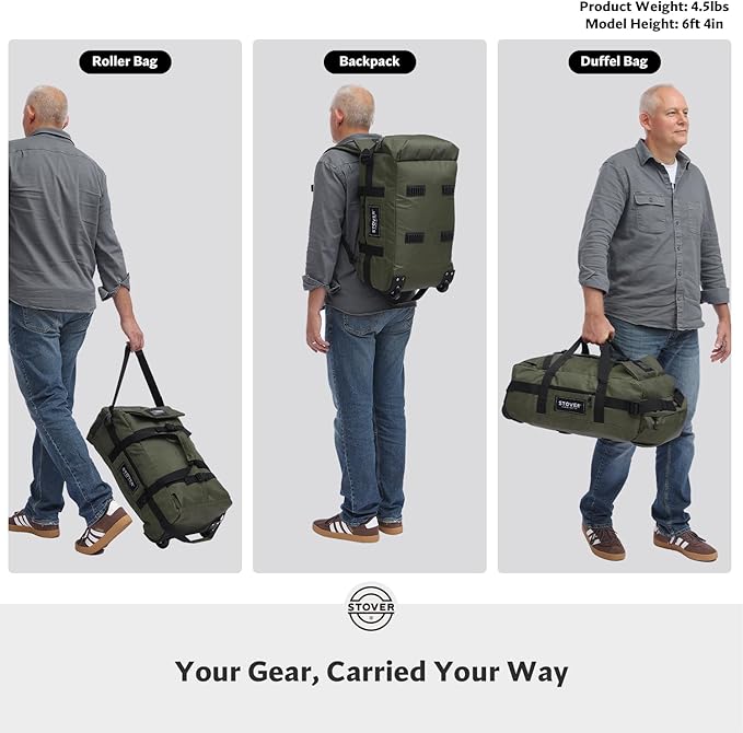 STOVER 45/80/100L Carry-On Rolling Duffel Bag with Wheels Medium Durable Travel Duffle w/Toiletry Bag Packable Foldable with Shoulder Straps- Use as Luggage or Backpack Men/Women (Green)