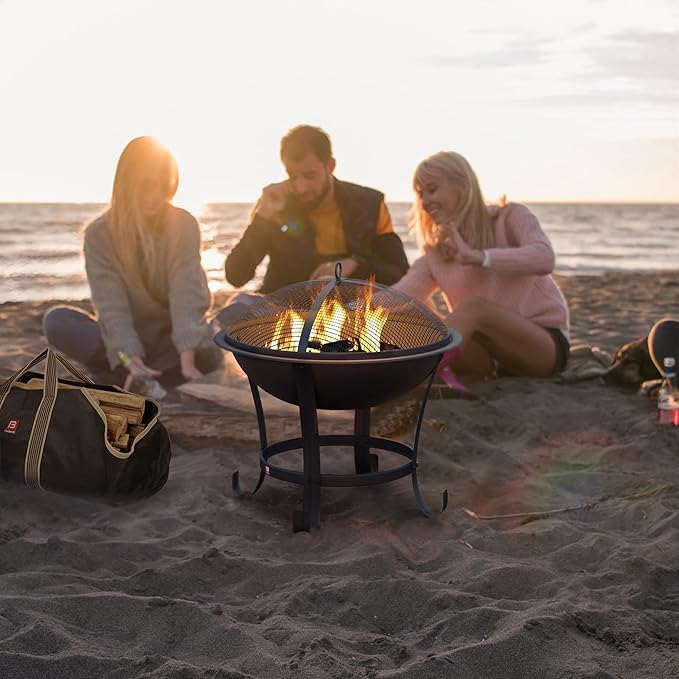 FireBeauty Fire Pit BBQ Grill Pit Bowl with Mesh Spark Screen CoverPoker (Includes Tote Bag)