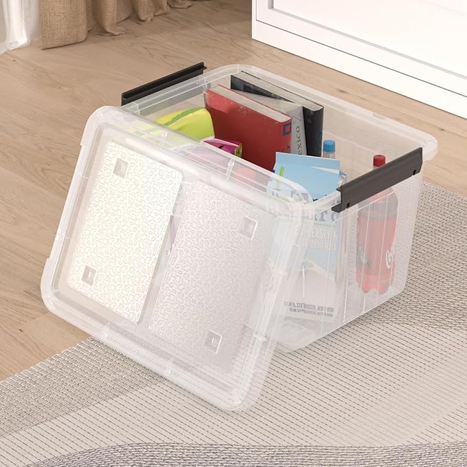 30 Quart 4 Pack Plastic Storage Bins with Latching Lids and Wheels Clear Latch Box Container