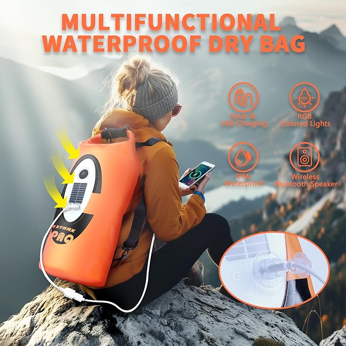 FELICON Solar/Battery Powered Multi-Functional Backpack with Bluetooth SpeakerIP66 Waterproof Dry BagHeavy Duty Roll Top ClosureLarge Capacity Bag for CampingHikingTraveling (Orange 10L)