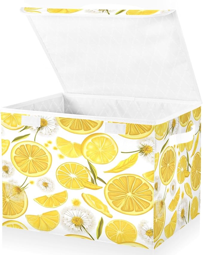 Collapsible Storage Bins with Lids Decorative Fabric Storage Cubes Closet Organizer and Storage Basket Boxes Containers for Clothes Box Chest Folding Rectangle Yellow Summer Lemon Sli