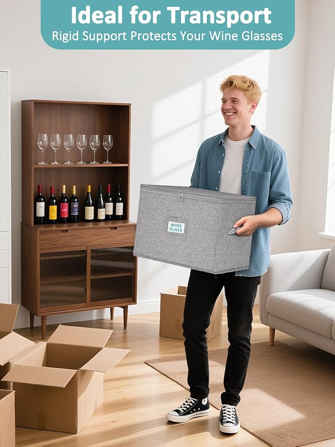 Cirhy Wine Glass Storage Box Hard Shell 10'' Tall Stemware Storage Containers for Moving Holds 24 Crystal Glasses &amp Flutes Stackable Glassware Chest with Dividers Grey (2-Pack)