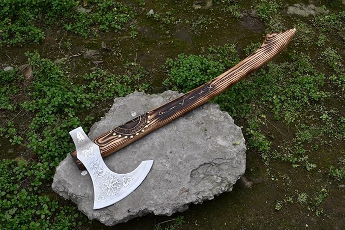 24-Inch Viking Battle Axe Hand Forged 5160 High Carbon Steel Blade Engraved Wood Handle Decorative Norse Design Viking Axe