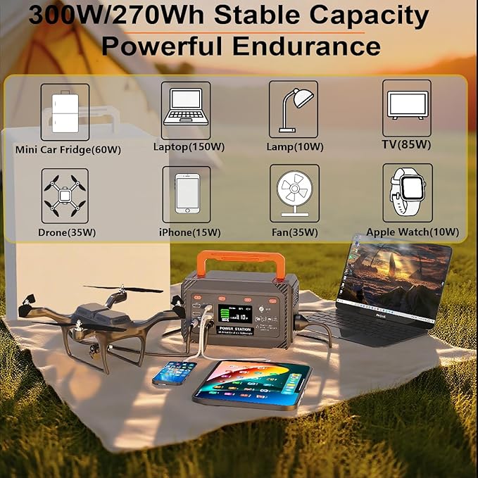 300W Portable Power Station270Wh Camping Lithum Battery Solar Generator with 2 AC Output USB-C PD 45W Quick Charge Battery Pack for Home Use Camping Travel Emergency Hunting