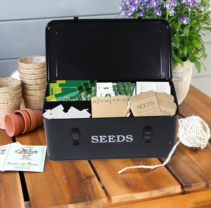 Seed Saving Box Metal Seed Bin Seed Storage Organizer Seed Packet Container with Lid Seed Envelope Storage Box 4 Compartments Garden Seed Bin with Safety Locks-Black