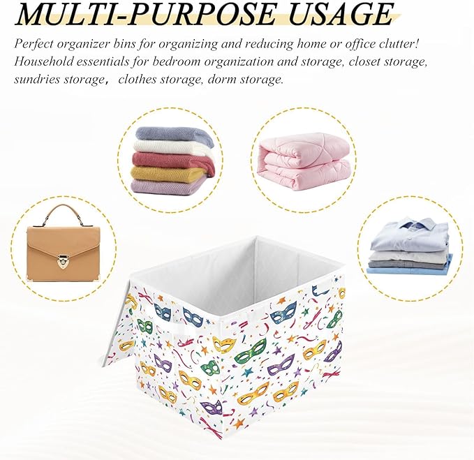 Christmas Storage Baskets with Lids Mardi Gras Colorful Mask Collapsible Bins Stackable Fabric Linen Baskets Closet Organizer Container 16.5x12.6x11.8