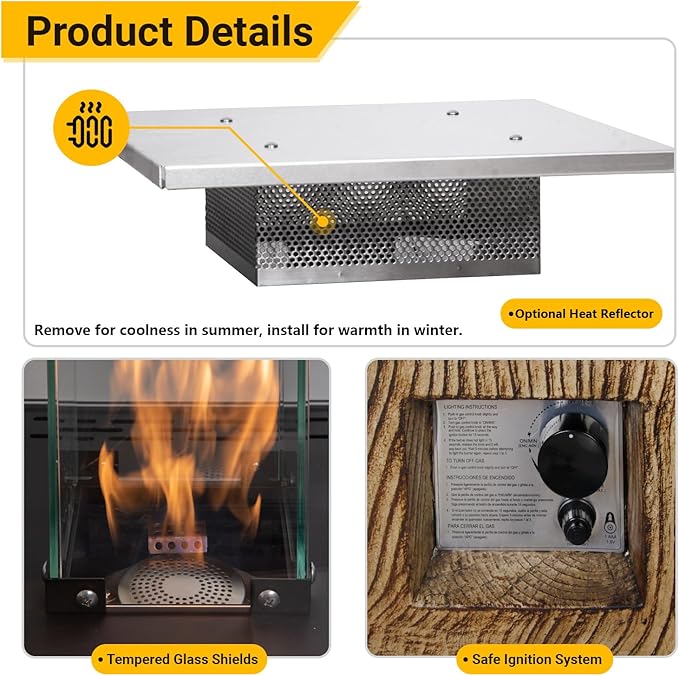Afterglow Outdoor Patio Propane Fire Heater with Weather Cover Glass 41000 BTU Fireplace Patented &amp CSA Certificated Wood Grain Brown