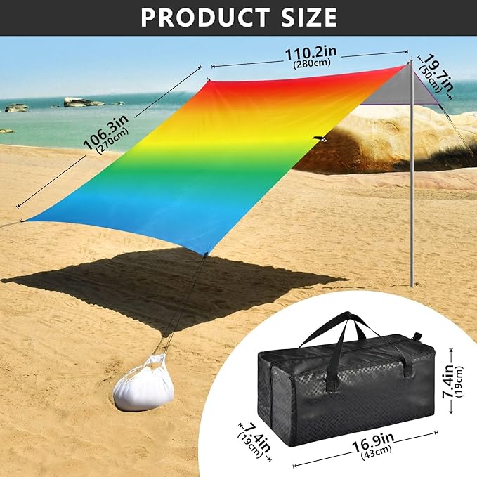 Rainbow Gradient -819464 Stable Beach Tent UPF50 Lightweight Sun Shelter with Sand Shovel for Backyard and Camping