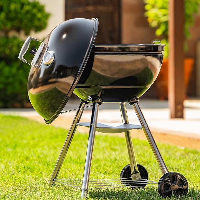 Megamaster 22 Deluxe Charcoal Barbecue Grill with Adjustable Air Vent Built-In Temperature Gauge 368 SQ. In Cooking Area Storage Rack Portable Grill for Camping Picnics and More - 810-23003