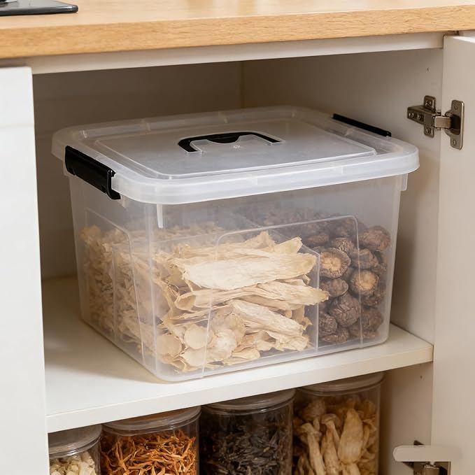 Zopnny 4-Pack Clear Storage Latch Box/Bins Plastic Stackable Latching Box with Brown Handle and Lid Multi-Purpose 10 Litre