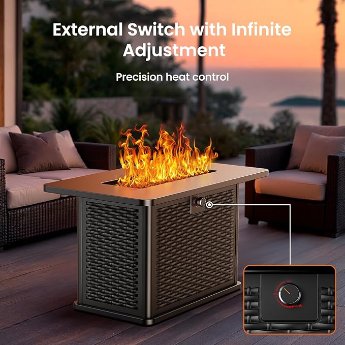 AMADA HOMEFURNISHING 43 Inch Propane Fire Pit Table 60000 BTU Gas Fire Pit with Lava Rocks Waterproof Cover Removable Lid Cup Holders 2-in-1 Fire Table for Patio Backyard Garden Black
