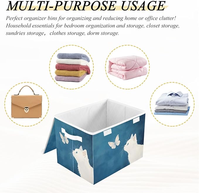 White Cat Butterfly Storage Cube Bins Basket with Lid Collapsible Flip-top Fabric with Handle for Home Bedroom Closet Office 16.5×12.6×11.8 in