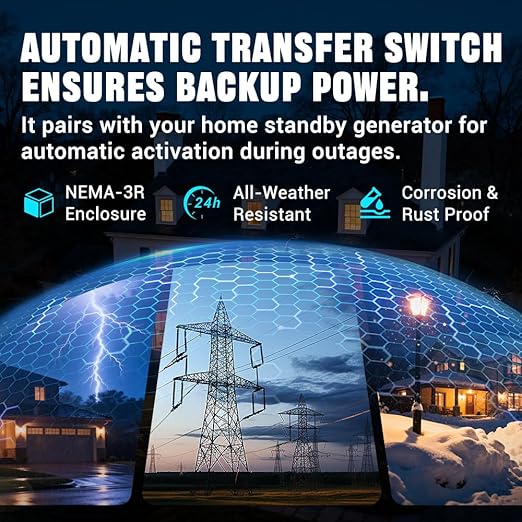 200 Amp Single Phase Generator Automatic Transfer Switch w/Power Management Replacement for Generac RXSW200A3 Service Entrance Rated Transfer Switch NEMA 3R Aluminum Enclosure