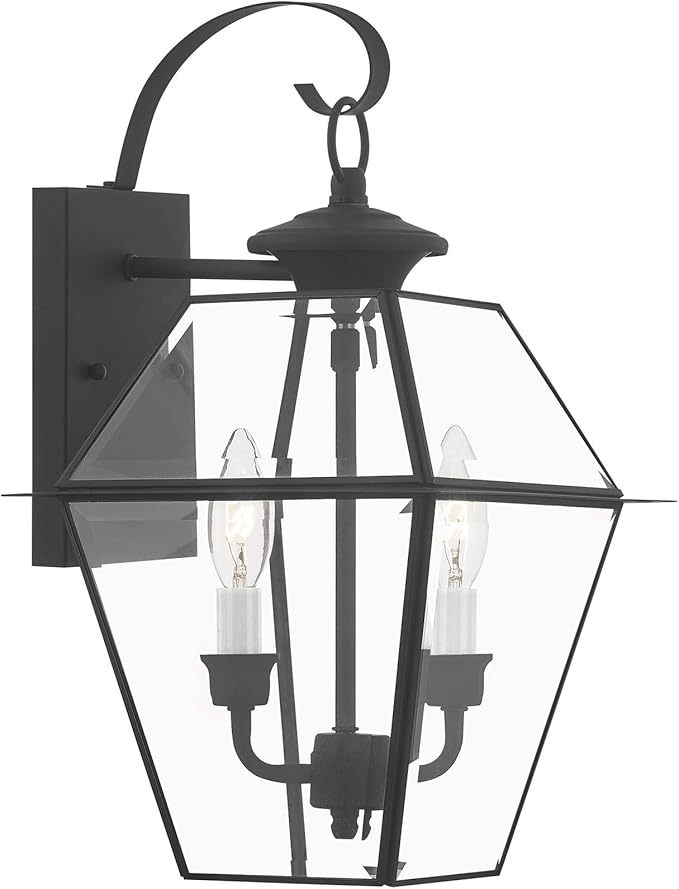 Livex Lighting 2281-04 Westover 2 Light Outdoor Black Finish Solid Brass Wall Lantern with Clear Beveled Glass