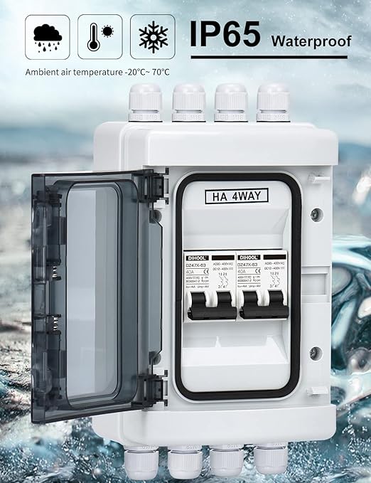 DIHOOL DC Circuit Breaker Box Cover 40 Amp Electrical Power Distribution Box 2 in 2 Out PV Solar Disconnect Switch