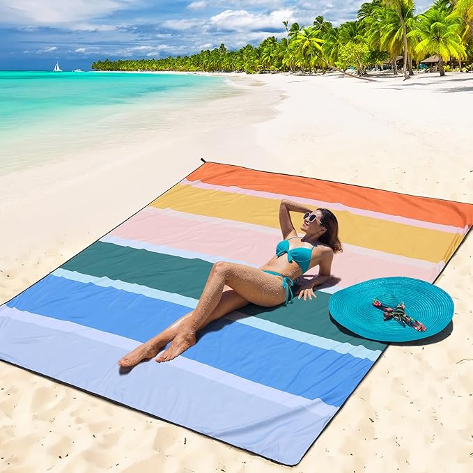 Beach Blanket Waterproof Sandproof Beach Mat 79 X 83/10'x9'for 2-8 Adults Quick Drying Outdoor Picnic Mat Beach Accessories for Travel Camping Hiking