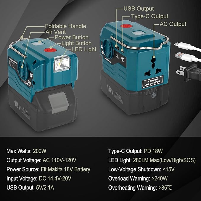 DC 18V to AC 110V Power Inverter Compatible with Makita 18V Battery 200W Portable Modified Sine Wave Power Inverter Converter with LED Light USB and Type-C Port(No Battery)