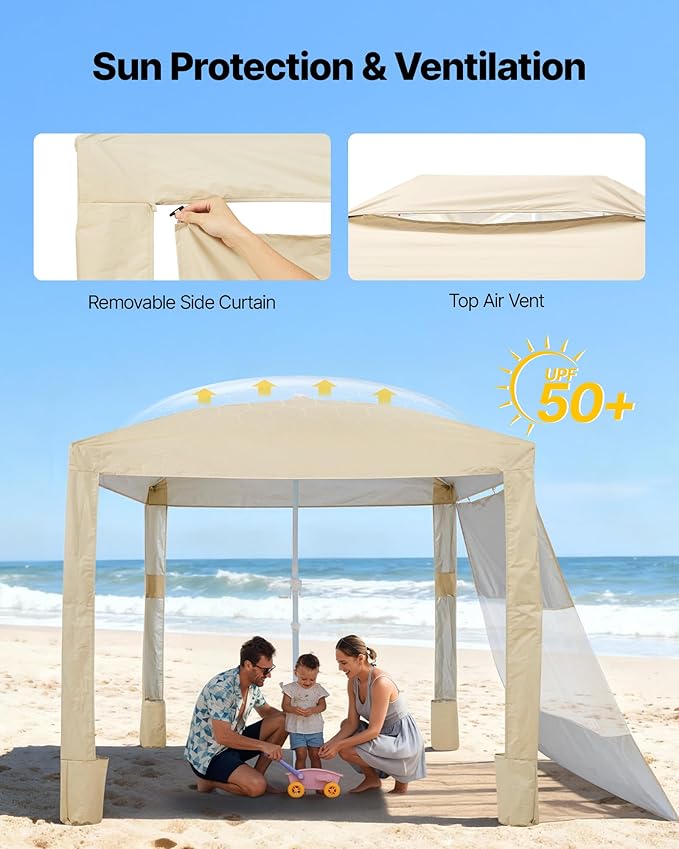 VEVOR Beach Cabana 8 x 8 ft Beach Canopy with Side Wall UPF 50+ Protection Easy Setup Cabana Tent with Sand Pockets Adjustable Height Portable Shade Sun Shelter Umbrella for Family &amp Friends K