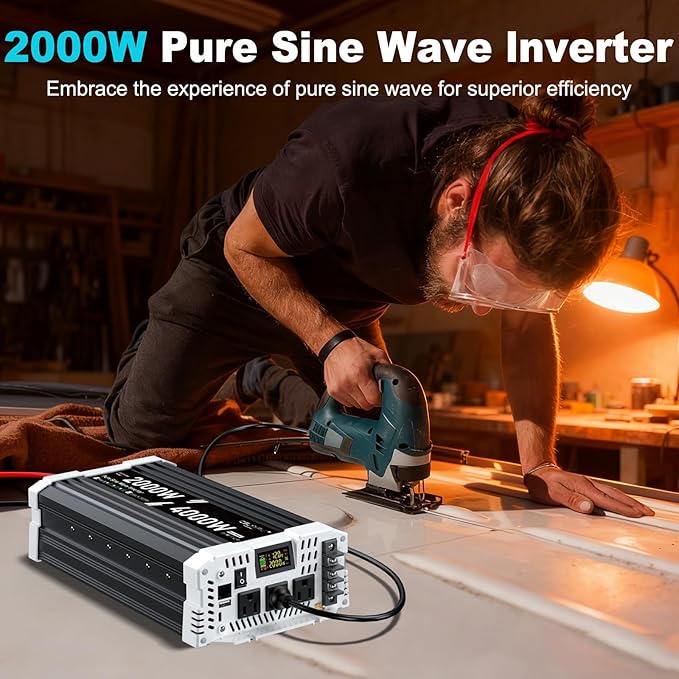 2000 watt Pure sine Wave Inverter 12V DC to 110V AC Power Inverter with 3 AC Output sockets USB Port Type-C Port Remote Control with LCD Screen Used for Solar Emergency Power Supply in RV Homes