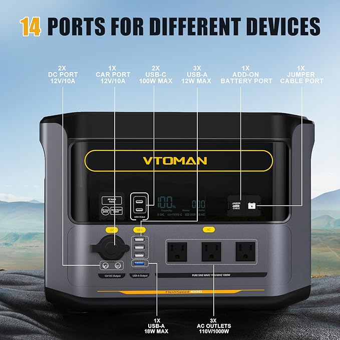 VTOMAN FlashSpeed 1000 Portable Power Station with Jumper Cables 828Wh LiFePO4 Solar Generator &amp Car Jump Starter 1H Fast Charging 2000W Peak for Home Backup Camping Roadside Emergencies