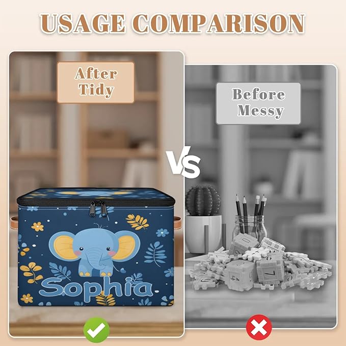 Custom Storage Basket with Name Personalized Storage Bins with Zipper Lid Foldable Fabric Storage Box Large capacity with Handle Elephant Flower Leaves