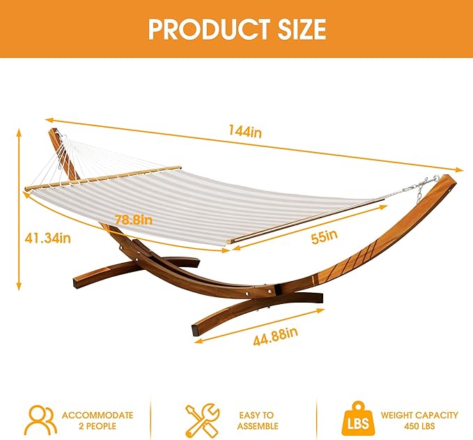Lazy Daze Hammocks 12 FT 2 Person Double Quick Dry Textilene Hammock with Curved Steel Heavy Duty Stand for Outside Backyard Patio 450 Lbs Capacity Beige White Stripes