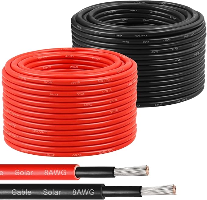 Solar Panel Wire 8 AWG(10mm²) - Solar Extension Cable 100Ft Black &amp 100Ft Red 8 Gauge Tinned Copper PV Wire for Outdoor Automotive RV Solar Panel Boat Marine (Black+Red)