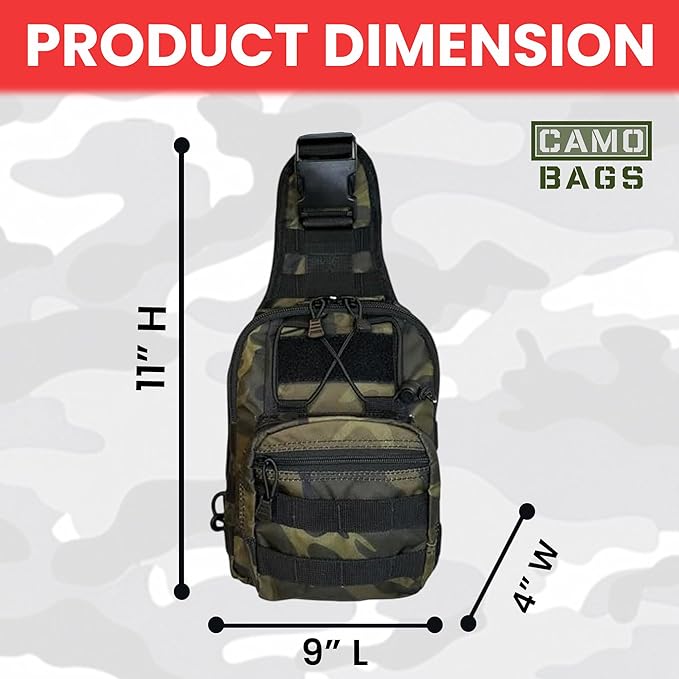Camo Tactical Sling Bag/Backpack - 1000 Denier Cordura Polyester Crossbody Bag with Comfortable Satchel Inner Pockets Outer Compartment Zip Closure &amp Padded Handle - Chest Bag Use for Multipurp