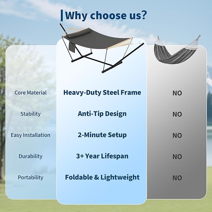 Double Hammock with Stand - Heavy Duty Portable 2 Person Design with Adjustable Steel Stand Max 450LBS Ideal for Outdoor Patio Garden Beach &amp Backyard