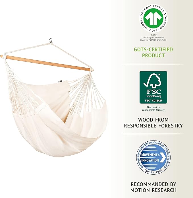 La Siesta® - XL King Habana Cotton Hanging Hammock Chair Indoor Outdoor Hammock Swing Chair Boho Hanging Chair Bedroom Patio Max 355 Lbs Latte