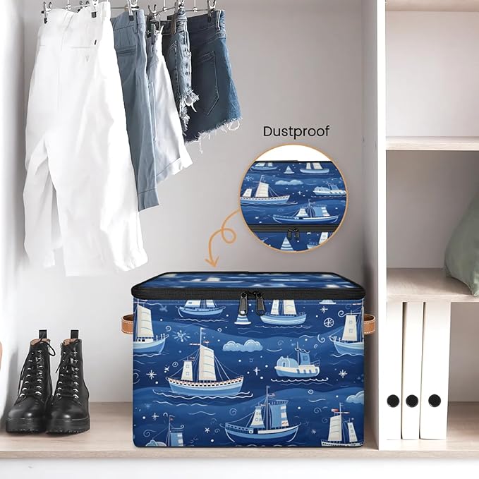 Storage Bins with Lids Cartoon Ship Storage Basket Clothes Organizer with Handles Closet Storage Containers for Clothing Bedding Blanket