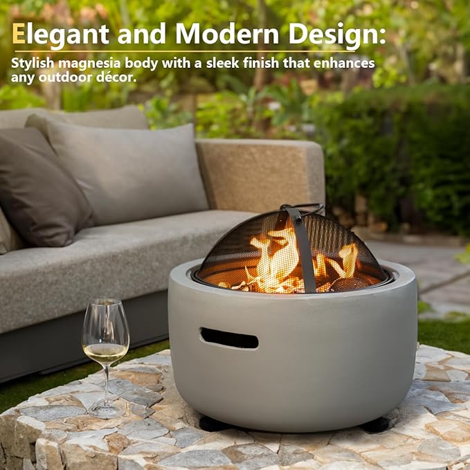 Barton 18 Round Concrete Charcoal Wood Burning Fire Pit Magnesium Oxide Spark Screen Fireplace Poker Grate BBQ Grill Firepit Charcoal Grill