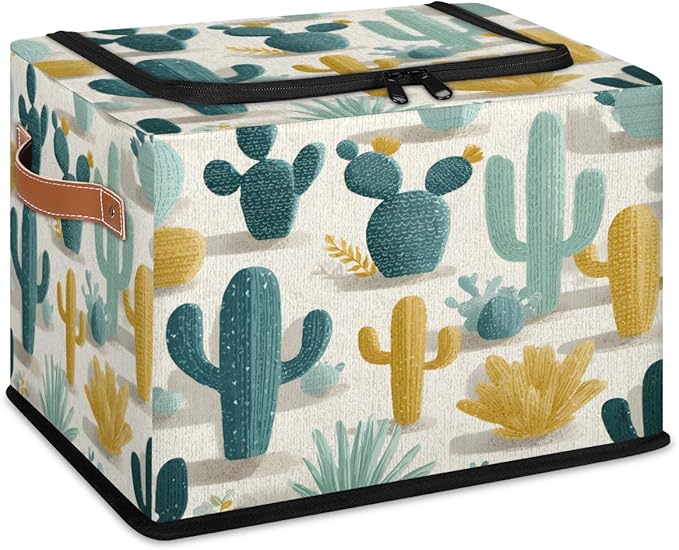 Cactus Storage Bins with Lids Desert Collapsible Cube Storage Basket with Leather Handle Foldable Storage Box with Lids for Organizing Home Closet