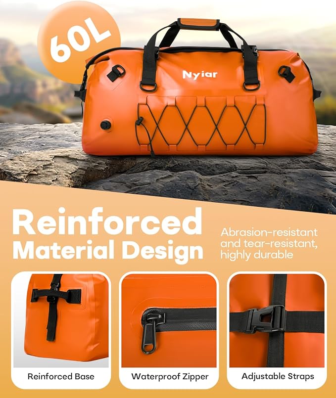 60L Waterproof Duffel Bag Motorcycle Dry Bag Backpack Heavy-Duty Roll-Top Waterproof Bag with Sealed Seams &amp Waterproof Zipper for Riding Kayaking Camping &amp Travel (Orange)
