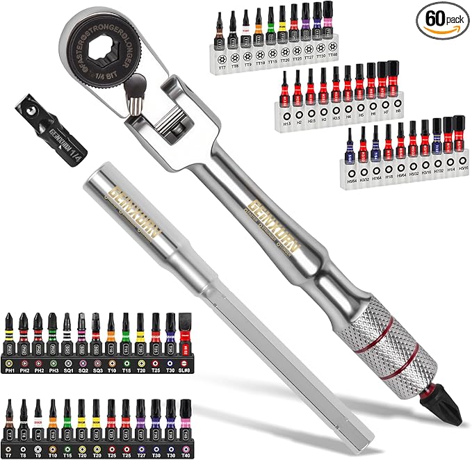 Geinxurn 60Pcs 180° Pivoting Flex Head T-Handle Ratchet Wrench Set 72-Tooth 1/4 Reversible Ratchet with Extension Bar Socket Adapter &amp 1 Impact Screwdriver Bits (Phillips/Torx/Hex) for DIY