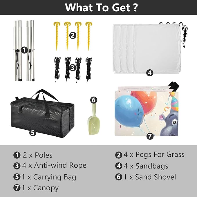 ALAZA Hippo and Balloons Beach Tent Sun Shelter UPF50+ Protection Beach Shade Canopy w/ 4 Sandbags for Outdoor Camping Fishing Backyard Fun Picnic 10x9 ft