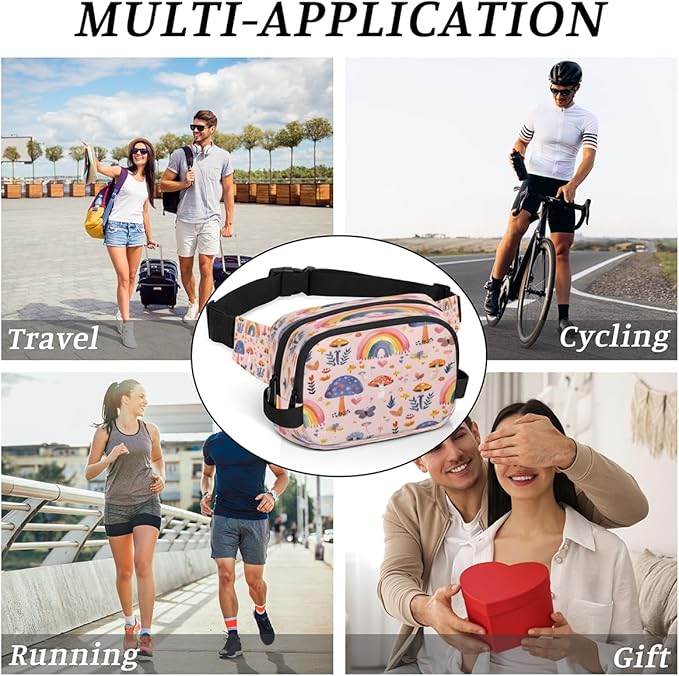 Hand Painted Mushroom Butterfly Flower Waterproof Fanny Pack for Women Men Adjustable Waist Bag with Double Zipper Pockets Lightweight Square Hip Pack for Running Travel Hiking Workout Cycling