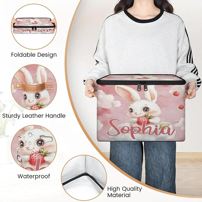 Custom Storage Basket with Name Personalized Storage Bins with Zipper Lid Foldable Fabric Storage Box Large capacity with Handle Clouds Rabbit Strawberry