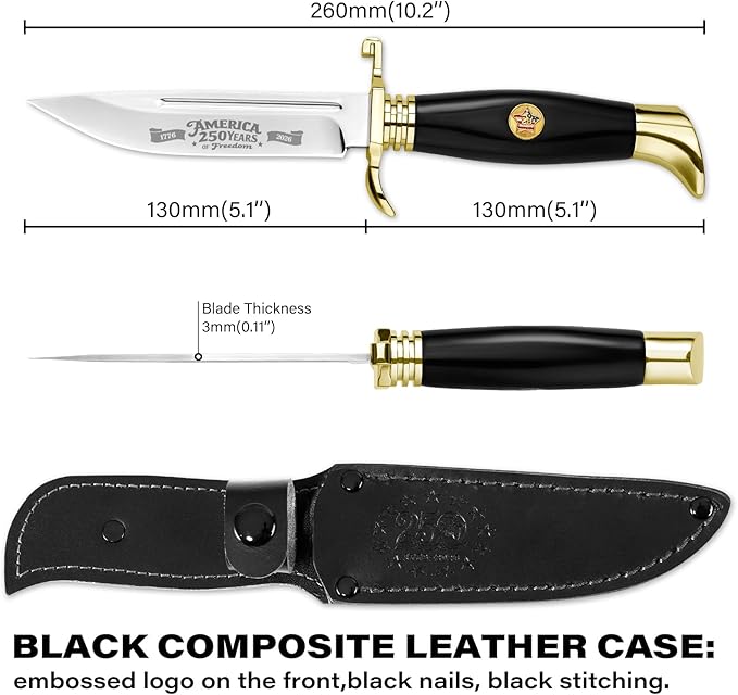 DISPATCH 250th Anniversary Commemorative Fixed Blade Knife 10.2'' Mirror Polished Stainless Steel Full Tang Blade with Dual Fullers Gold-Plated Guard &amp Pommel Resin Handle Composite Leather Sh