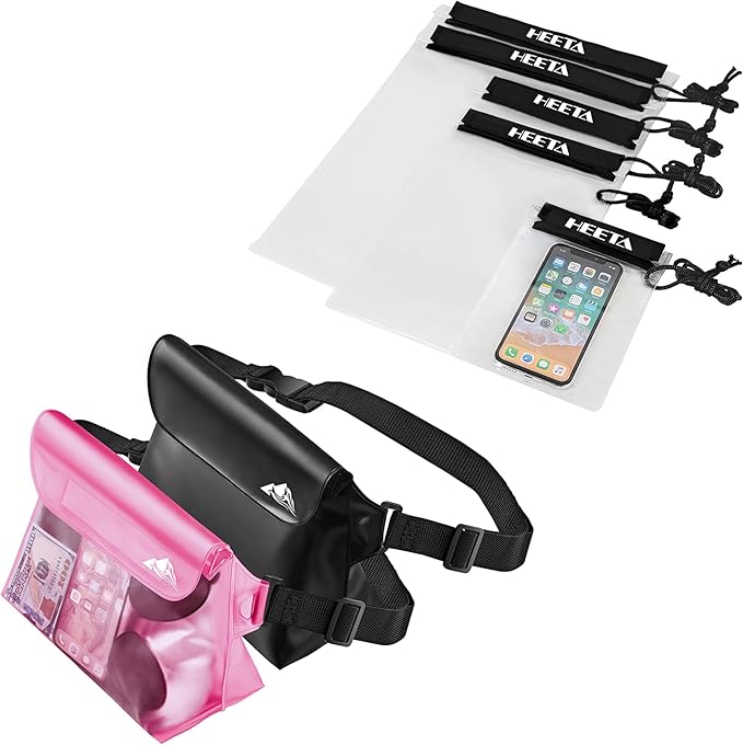 HEETA 2-Pack Waterproof Pouch with Waist Strap Transparent Screen Touchable Dry Bag Bundled with 5-Pack Clear Waterproof Dry Bag Water Tight Cases Pouch Dry Bags