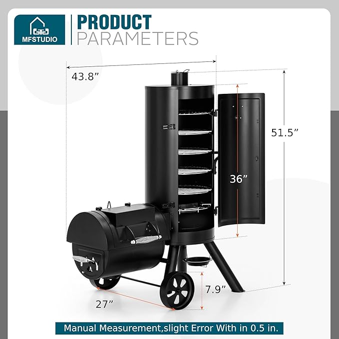 MFSTUDIO Vertical Offset Smoker Grill Extra Large Barrel Charcoal Grill with Smoker Combo for BBQ Smoking 961 SQ.IN.