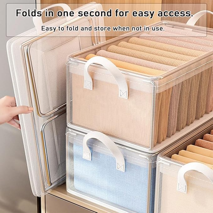 4PCS Foldable Storage Box with Lid - Extra Large Fabric Closet Organizer for Clothes 18.5x11x7.9 Inch Canvas Bin Collapsible Design for Bedroom Shelf Closet Underbed (Clear)