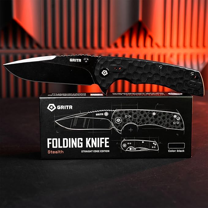 GRITR Stealth Folding Pocket Knife w/ 3.5 D2 Steel Blade for Military Hunting Camping Hiking – Black Handle Non-Serrated Blade with Stonewashed Finish