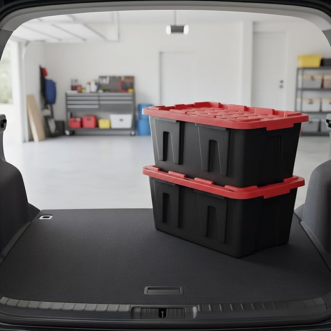 27 Gallon Heavy-Duty Storage Totes with Secure Snap Lids 2-Pack Stackable Plastic Bins for Garage Basement Attic Organization - Black Base &amp Red Lid Lockable Design for Indoor/Outdoor Use (2 P